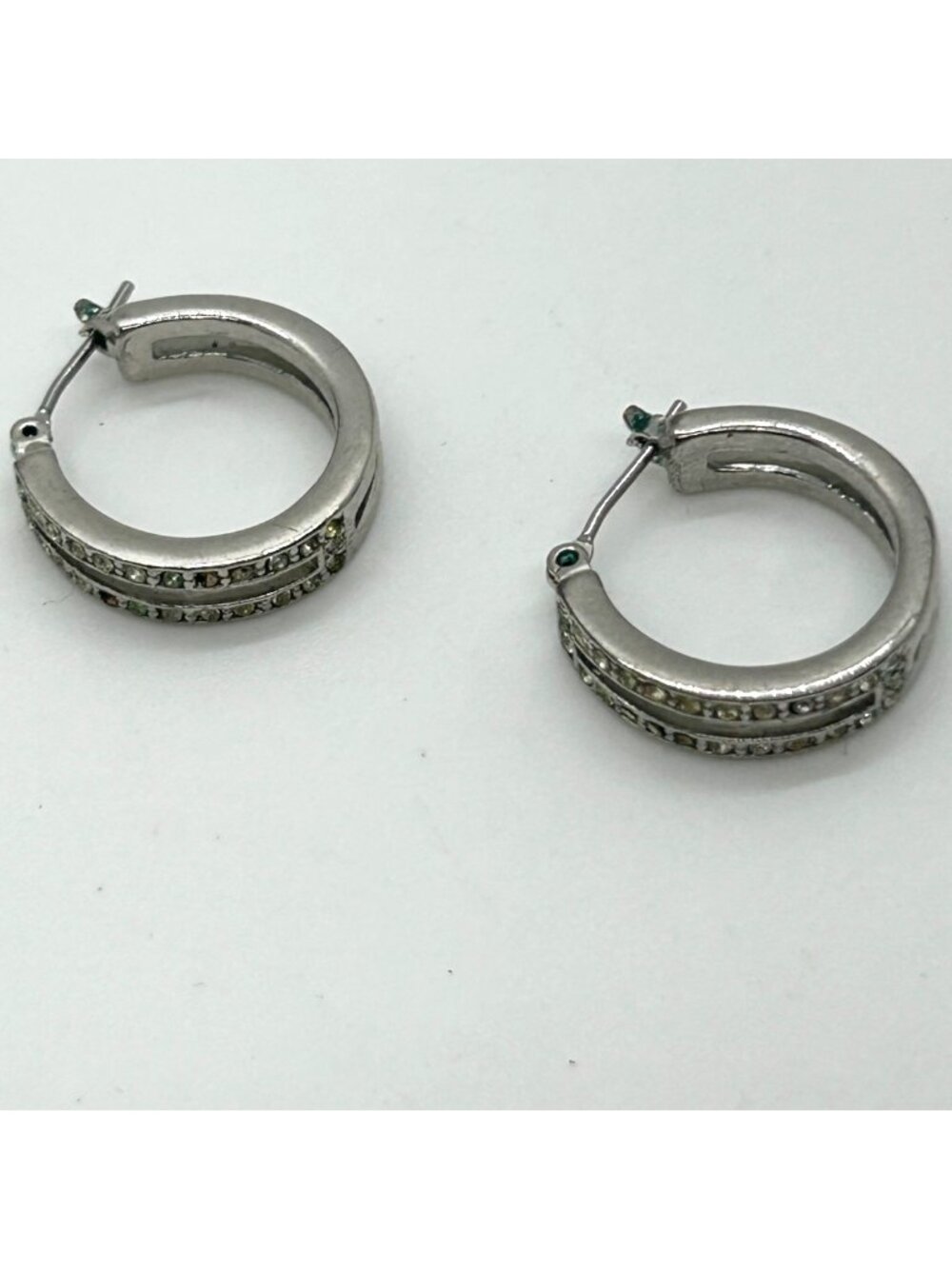 Silver Tone Hoop Earrings Channel Set Rhinestone Small Hinged Round  Minimalist